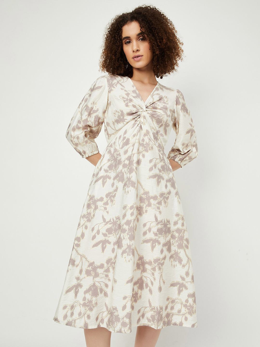 

max Women Floral Printed Puff Sleeves A-Line Dress, Off white