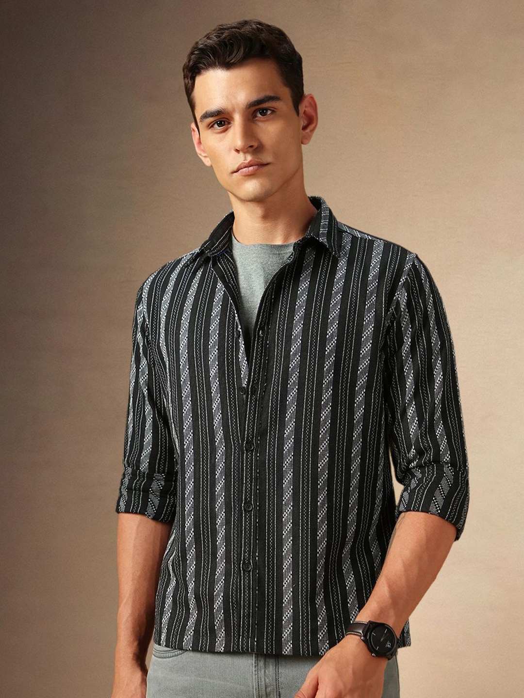 

Dennis Lingo Men Opaque Striped Casual Shirt, Black