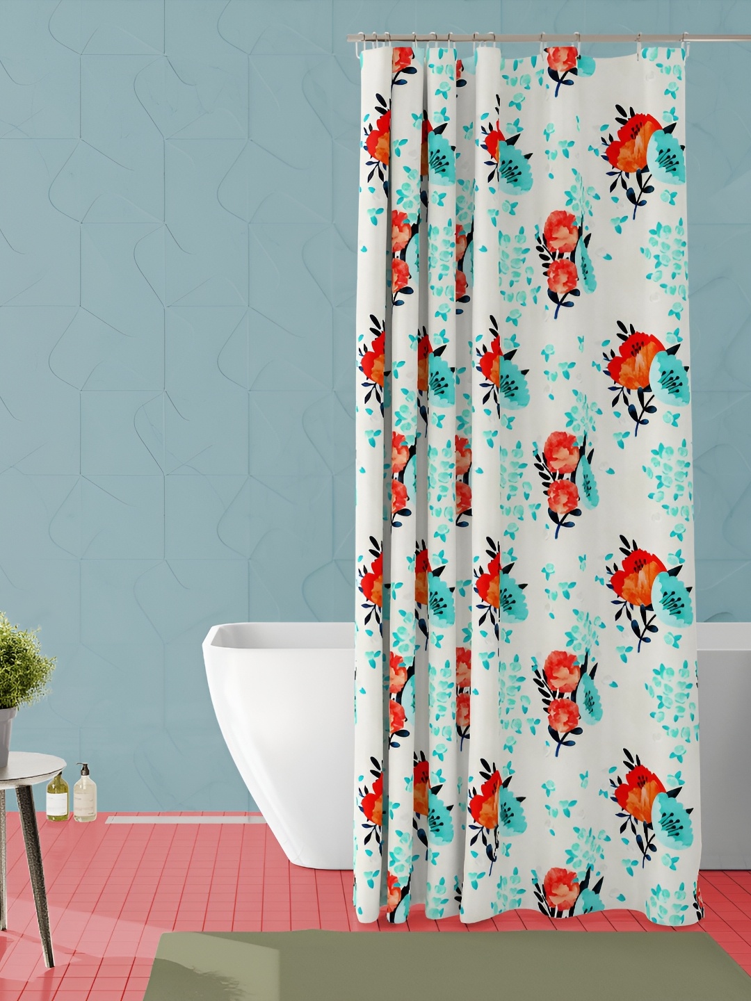 

ArtzFolio Blue & Red Floral Printed Waterproof Shower Curtain