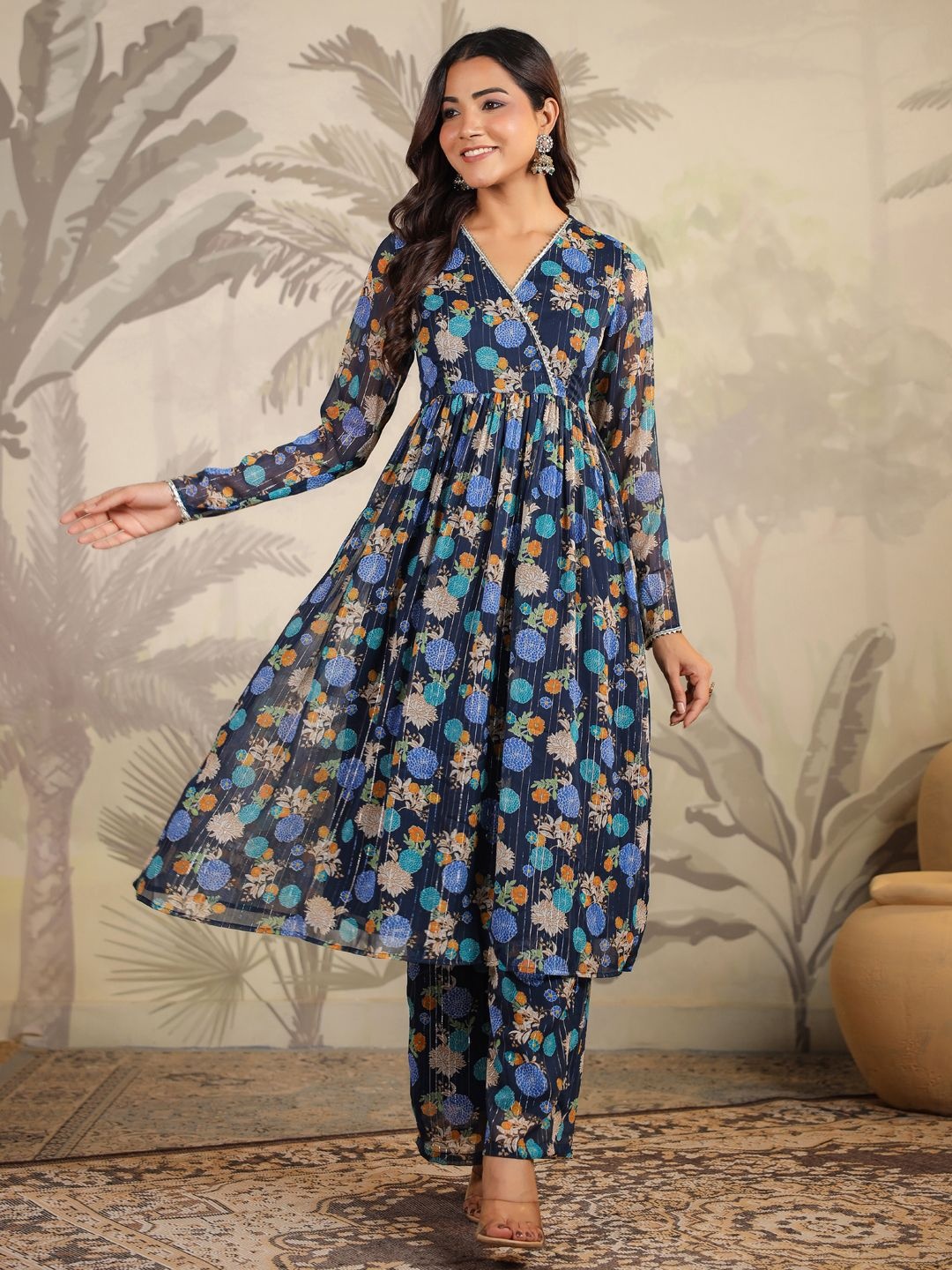 

Janasya Floral Printed Gotta Patti Anarkali Kurta With Trousers, Blue