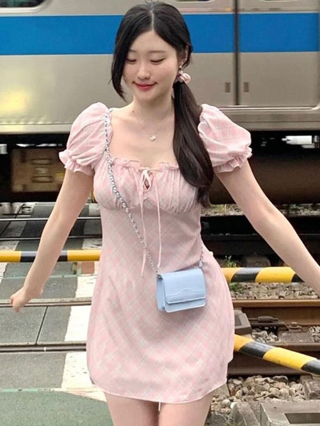 

KPOP Women Checked Puff Sleeve Bodycon Dress, Pink