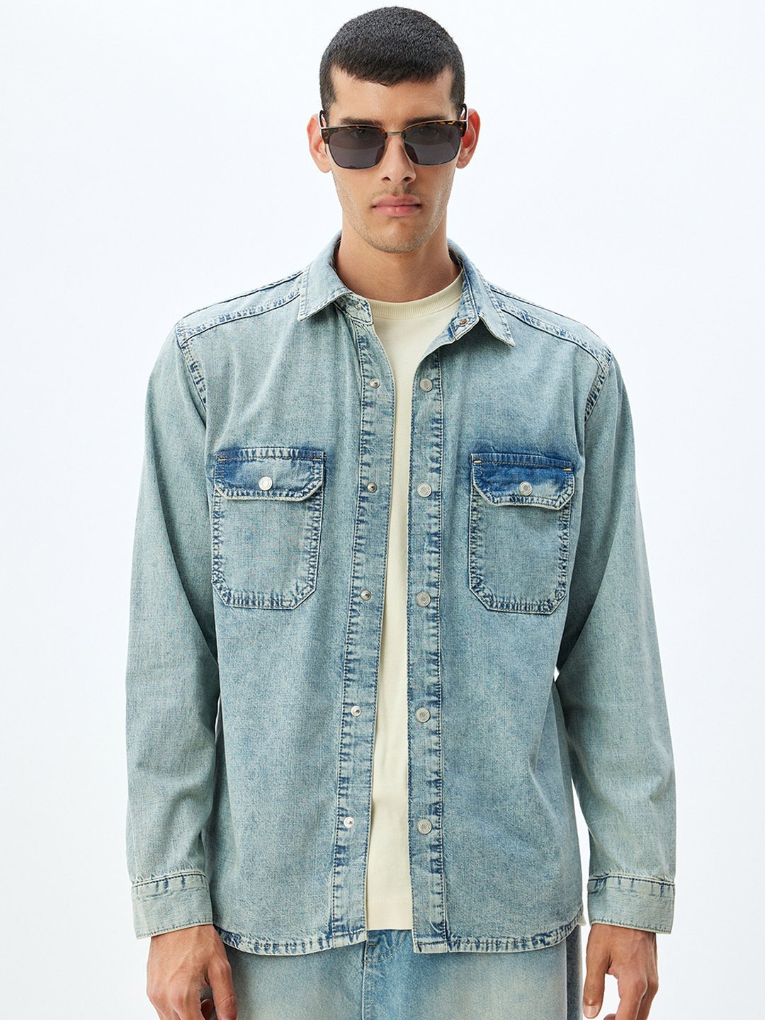 

Koton Men Washed Longline Denim Jacket with Embroidered, Blue