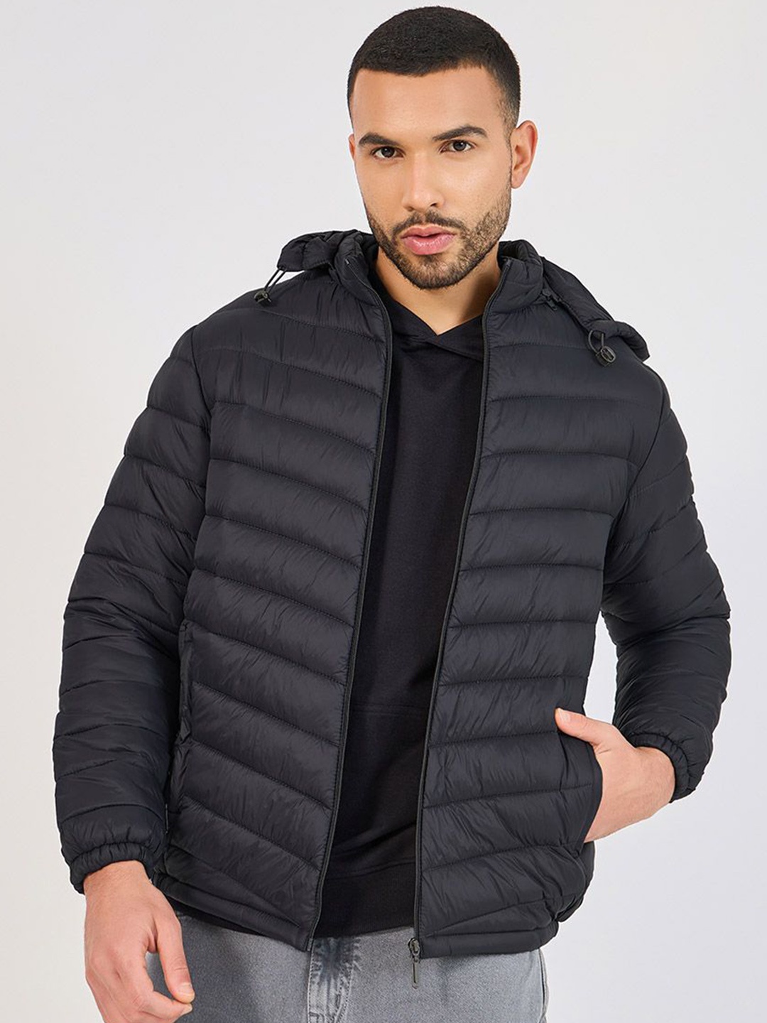 

Styli Hooded Puffer Jacket with Welt Pocket, Black