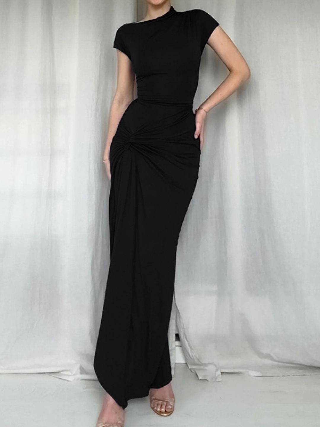 

KPOP Women Asymmetric Neck Sheath Cap Sleeves Maxi Dress, Black
