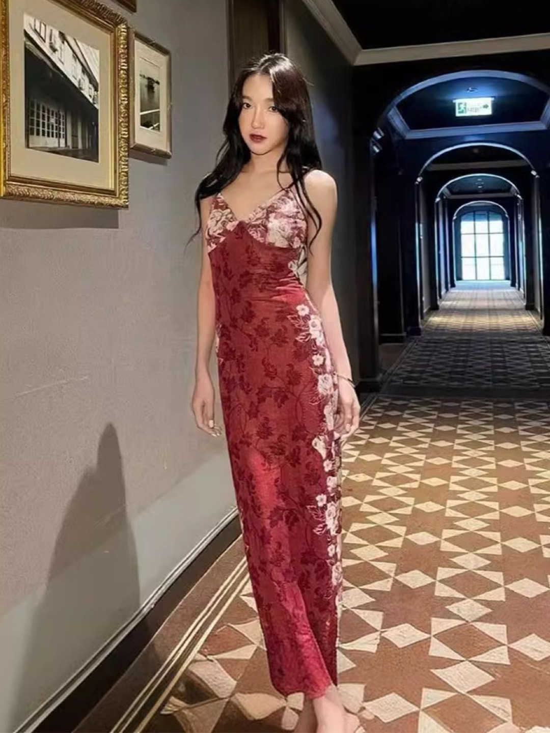 

KPOP Women Floral Printed Bodycon Maxi Dress, Red