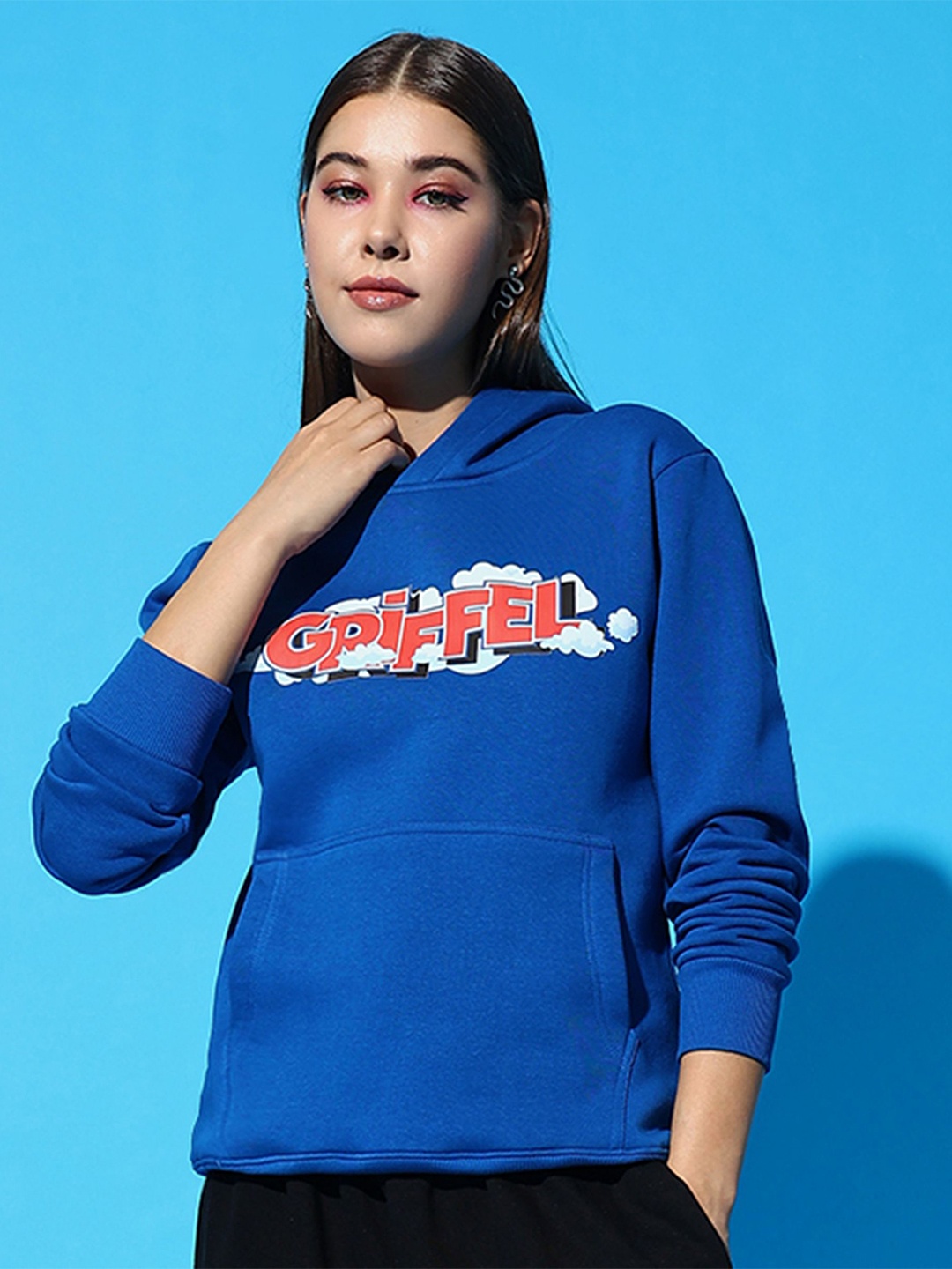 

GRIFFEL Women Printed Hooded Pullover Sweatshirt, Turquoise blue