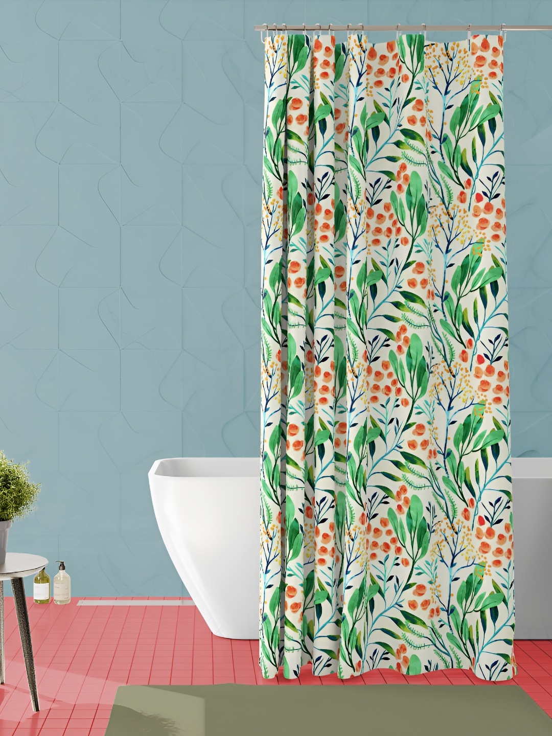 

ArtzFolio Whie & Green Printed Waterproof Shower Curtain, White