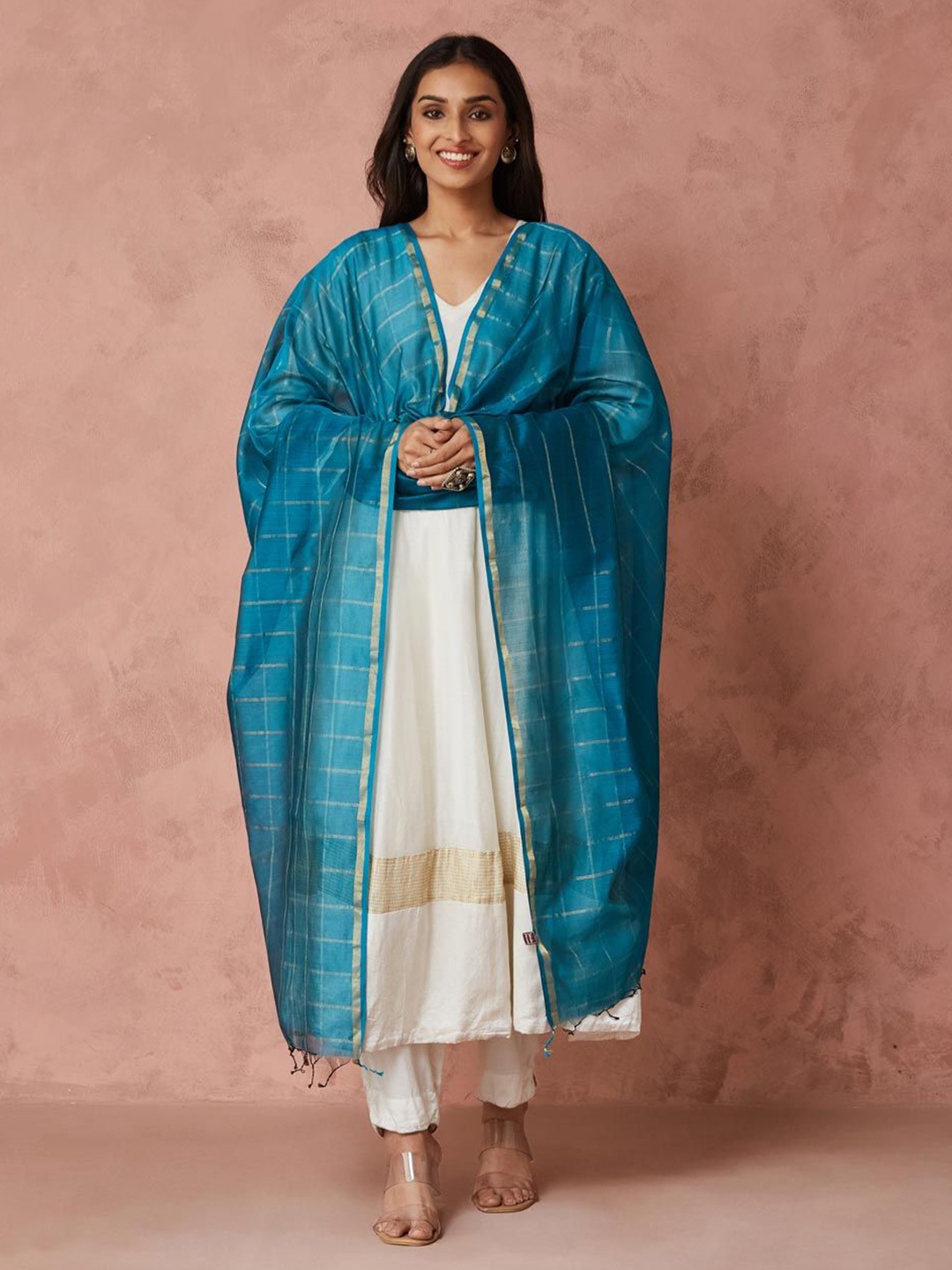 

Fabindia Turquoise Maheshwari Dupatta, Turquoise blue