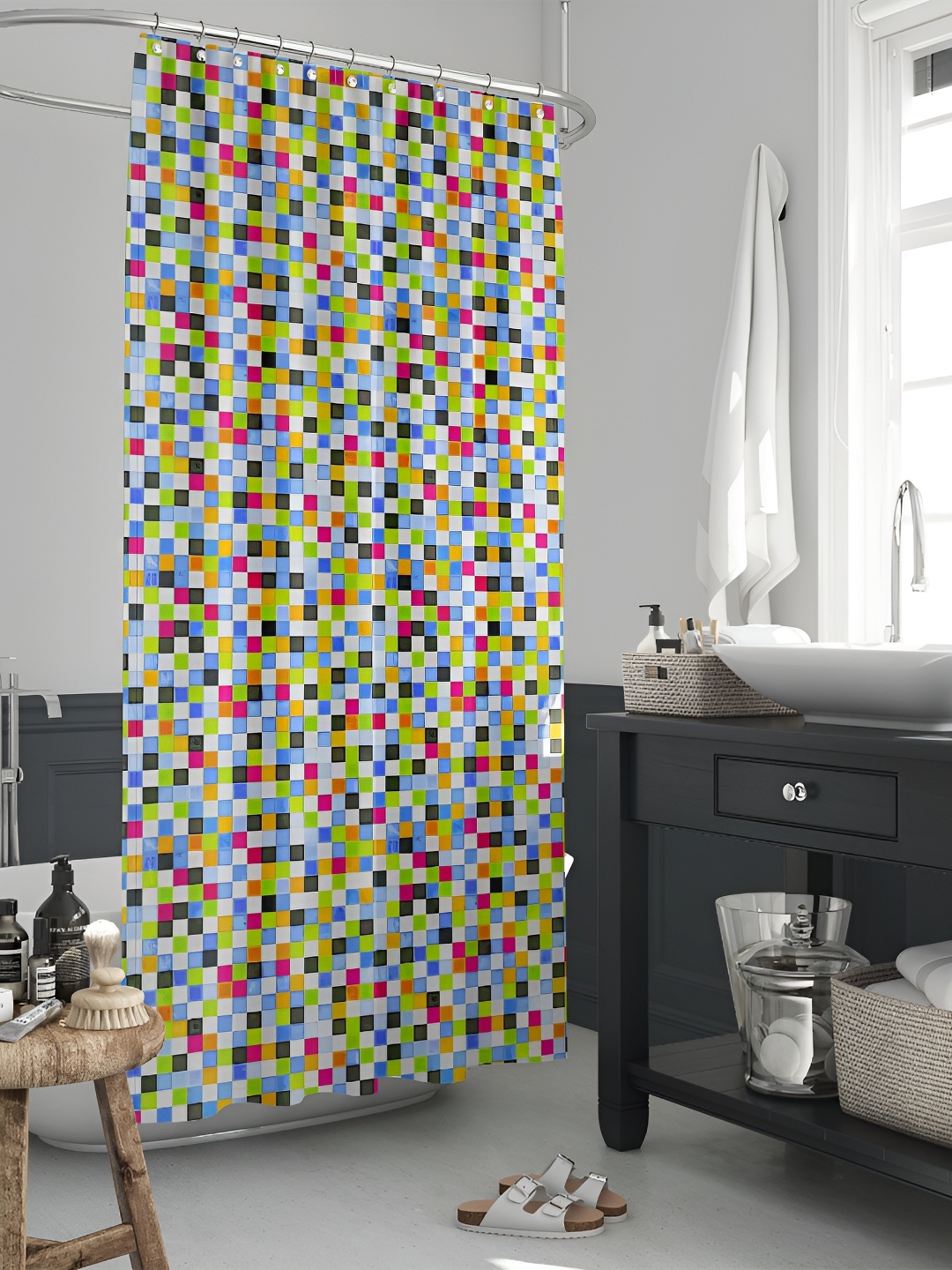 

ArtzFolio Blue & Green Checked Water Proof Shower Curtain
