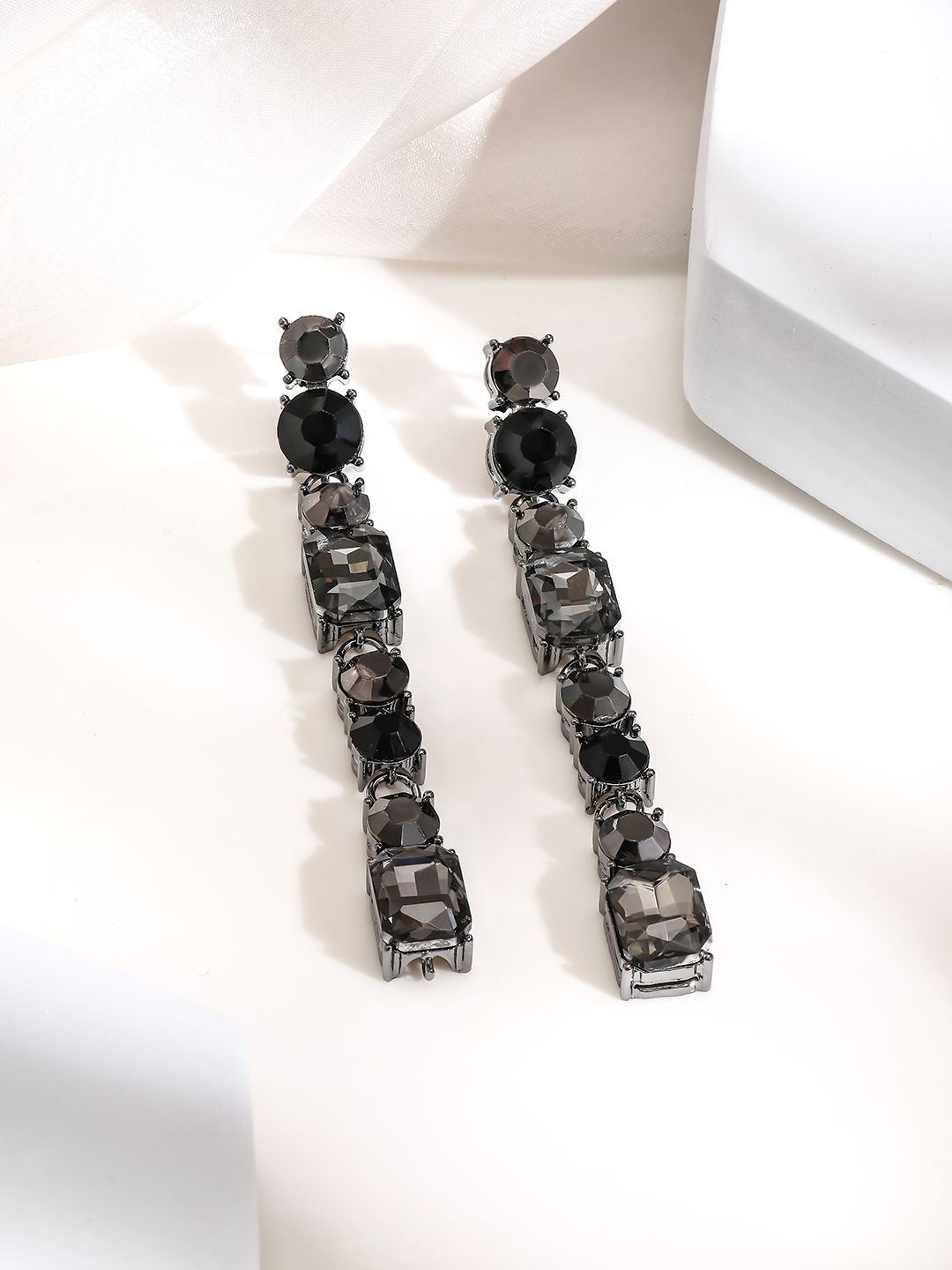 

Rubans Gunmetal-Plated Black Zicronia Stone Long Dangle Earrings