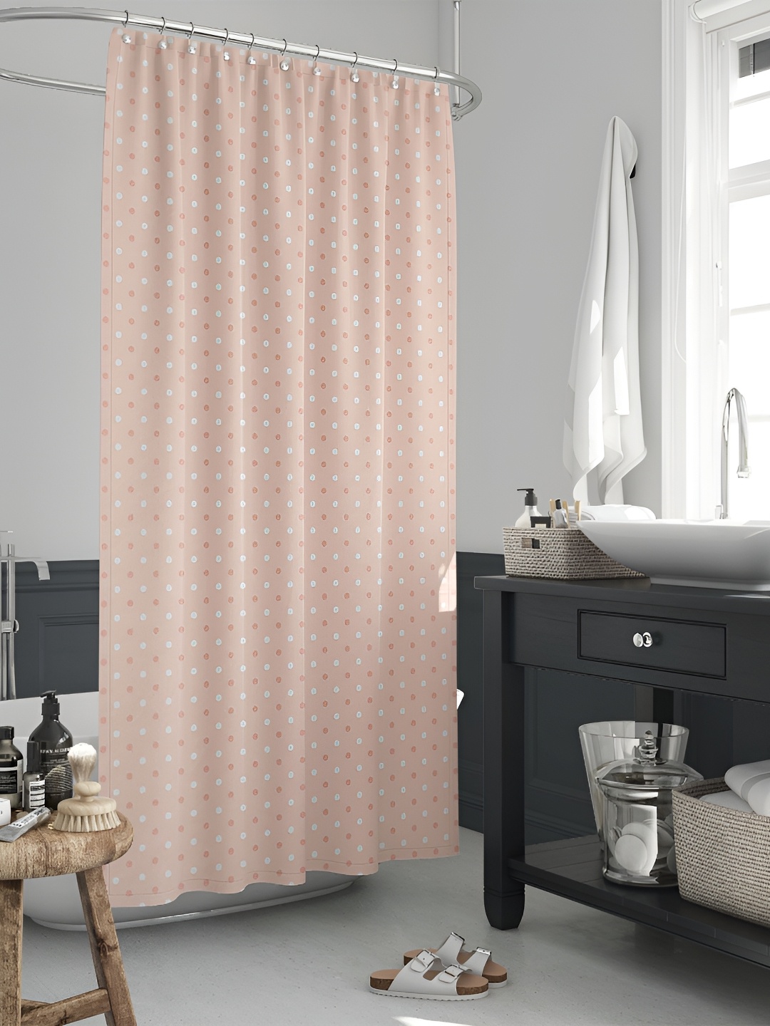 

ArtzFolio Peach-Colored & White Printed Waterproof Shower Curtain