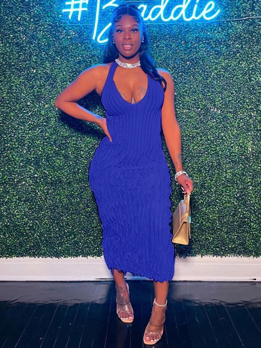 

KPOP Halter Neck Bodycon Midi Dress, Navy blue