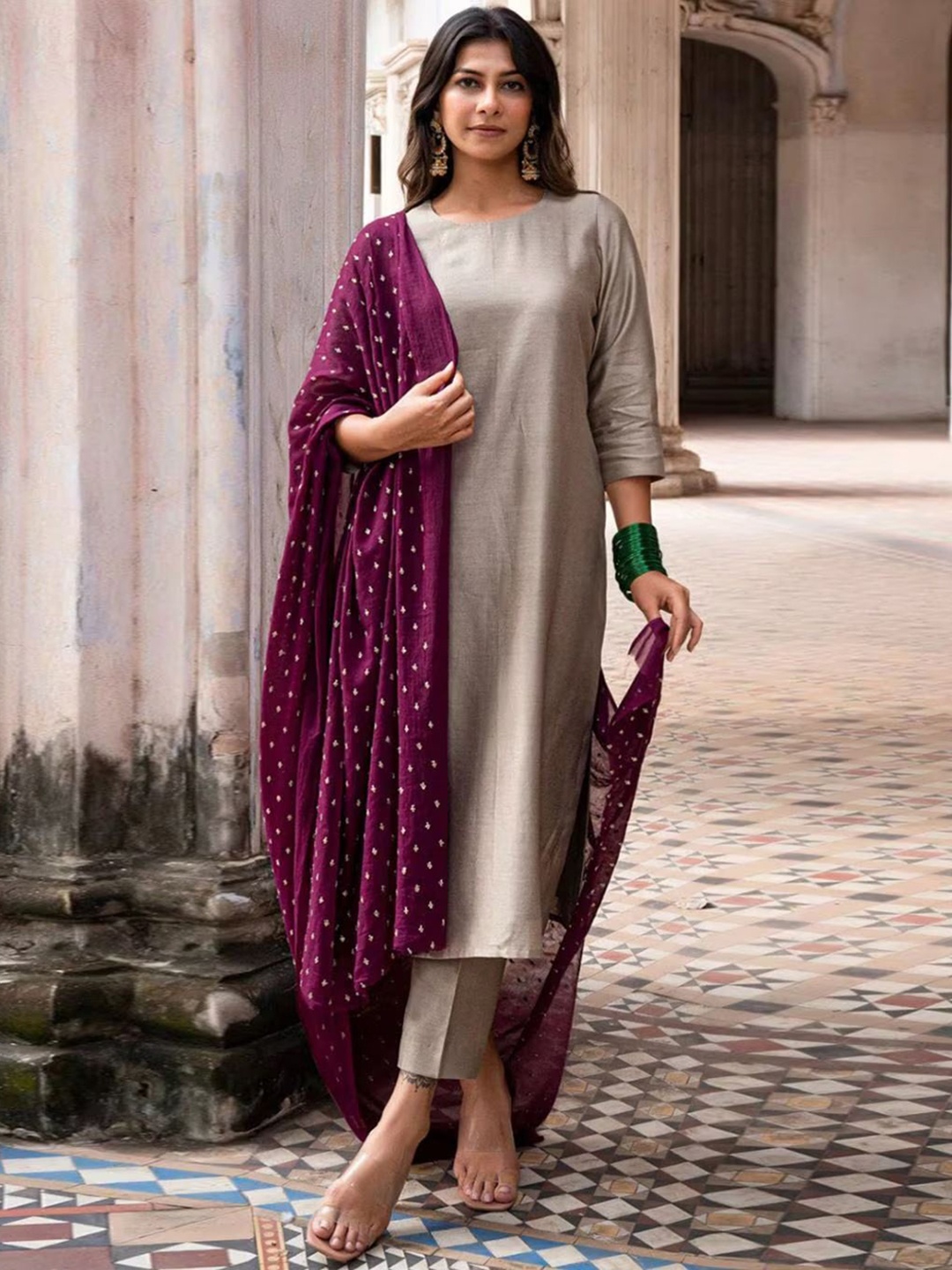 

KALINI Round Neck Straight Kurta with Trousers & Dupatta, Grey