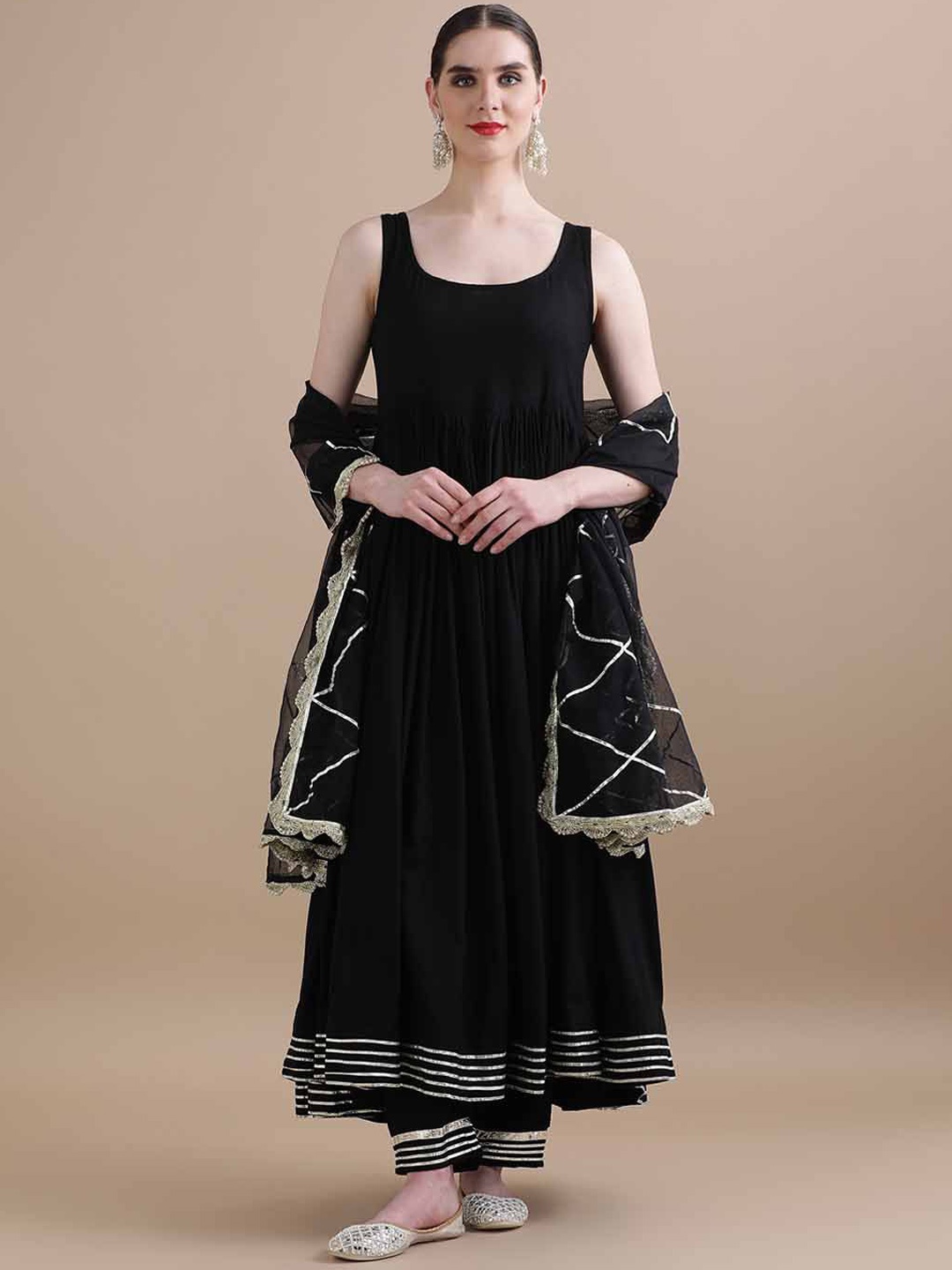 

Jaipur Kurti Black Round Neck Pleated Gotta Patti Anarkali Kurta with Trouser & Dupatta