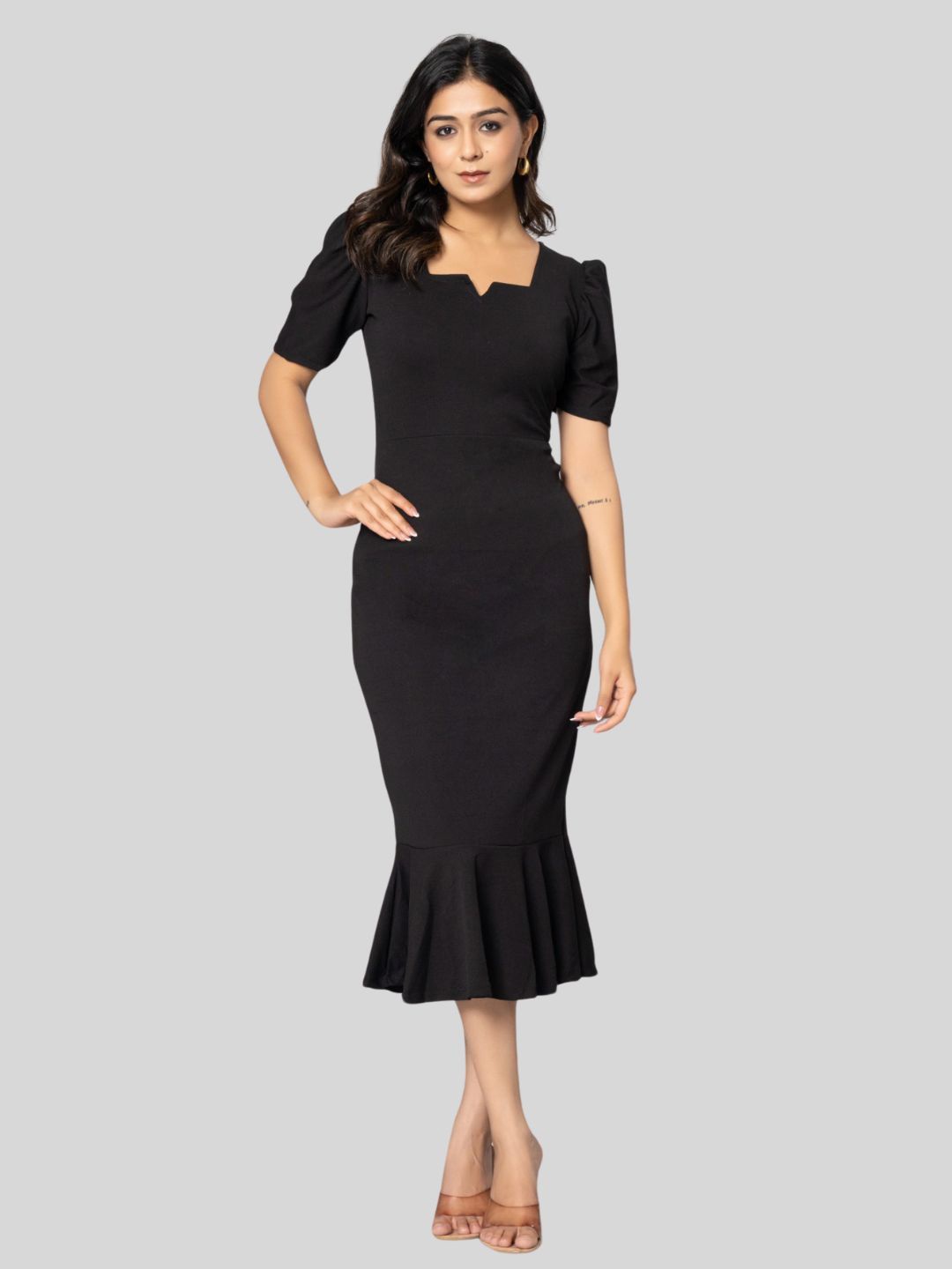 

Aanys Culture Puff Sleeve Sheath Midi Dress, Black