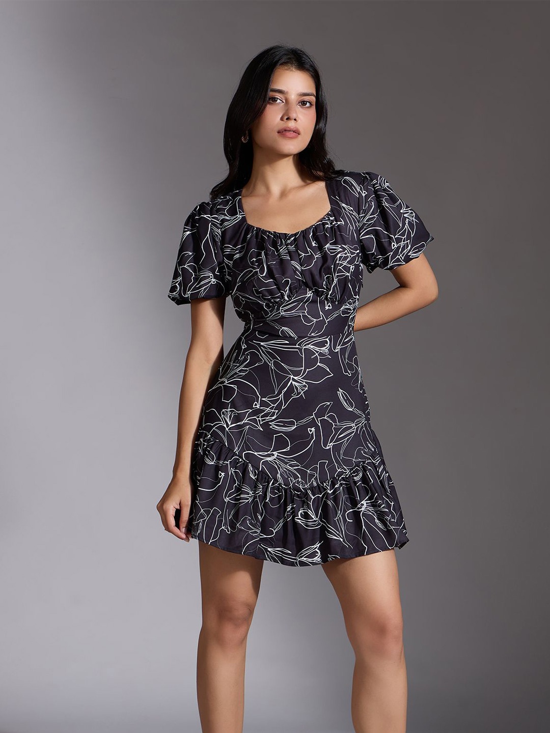 

20Dresses Women Floral Printed Puff Sleeve Fit & Flare Mini Dress, Black