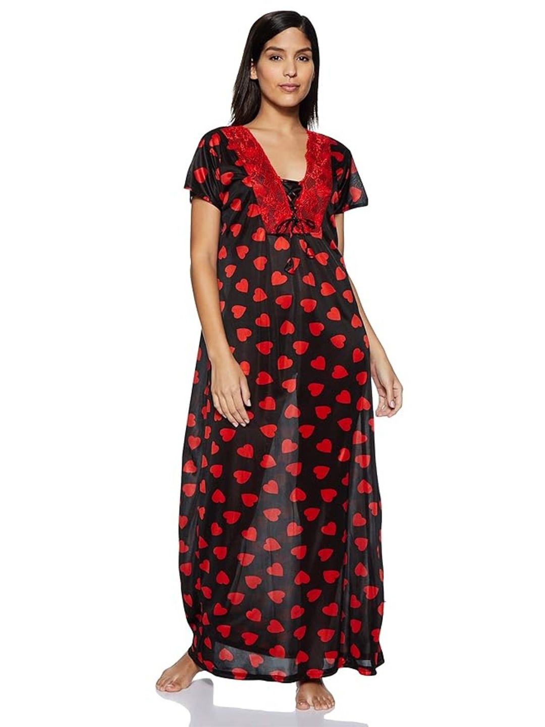 

Noty Women Lace Work Printed Maxi Nightdress, Red