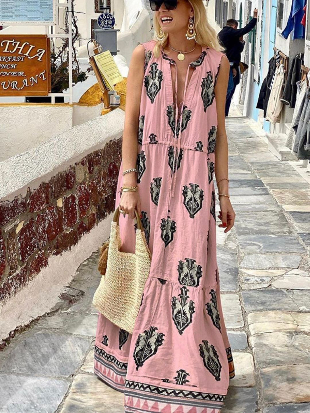 

StyleCast Women Ethnic Motifs Printed Tie-up Neck Maxi Dress, Pink