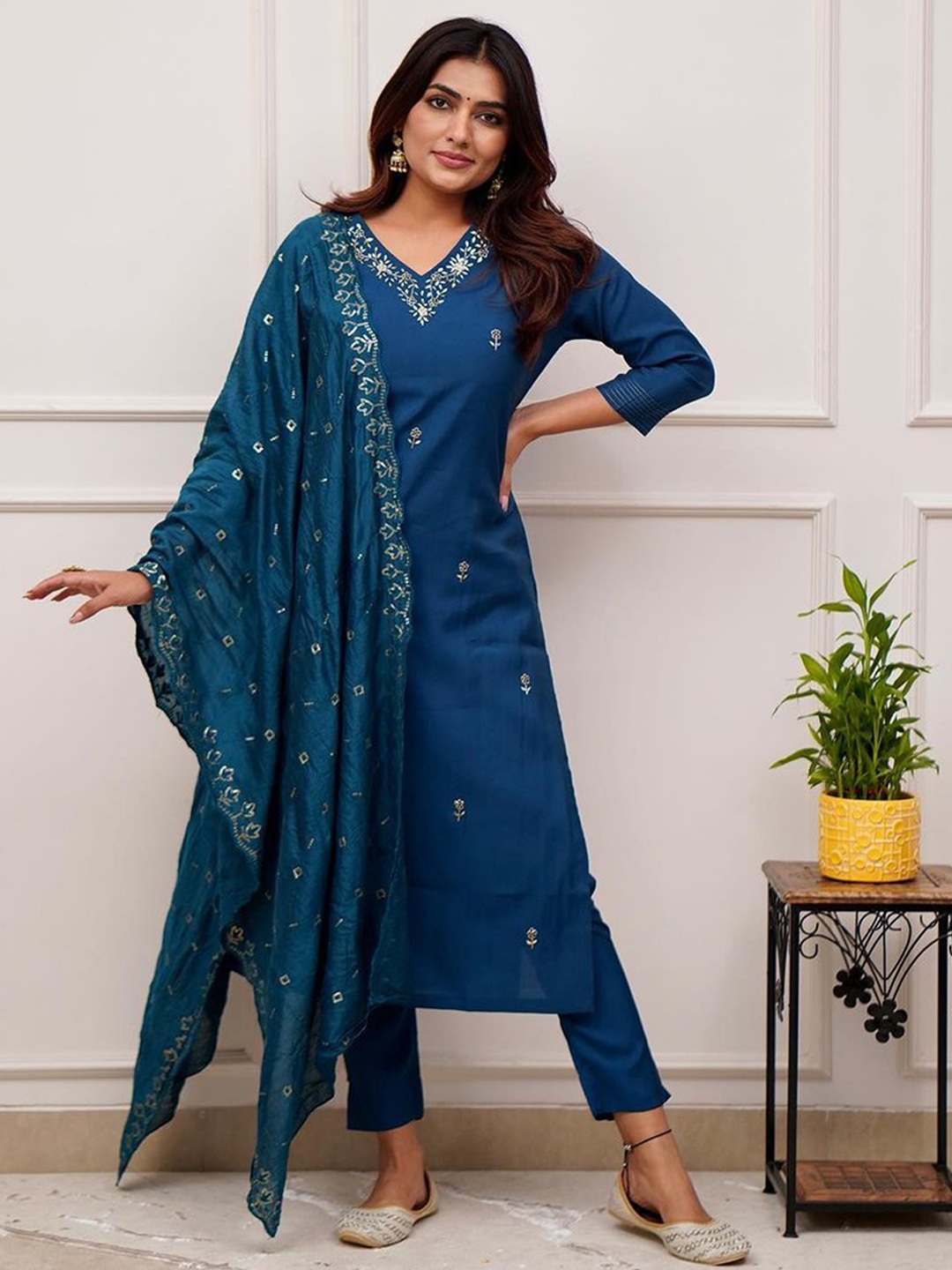 

KALINI Floral Embroidered Sequinned Chanderi Silk Straight Kurta With Trouser & Dupatta, Blue