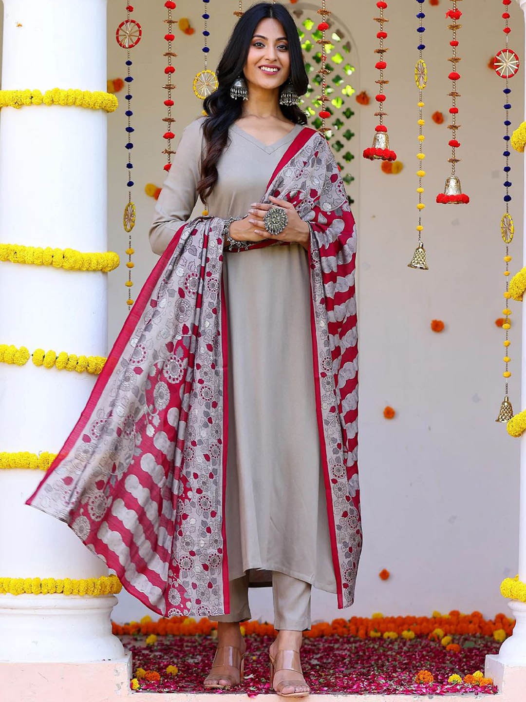 

KALINI V Neck Straight Kurta with Trousers & With Dupatta, Grey