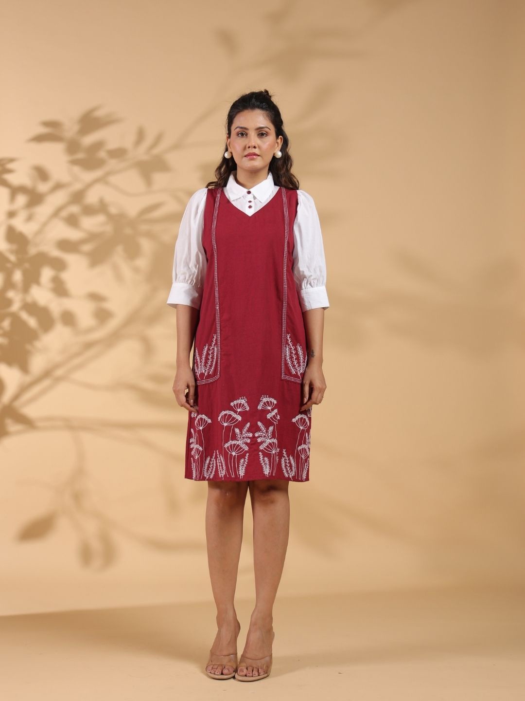 

Kaftanize Women Floral Embroidered A-Line Dress, Maroon