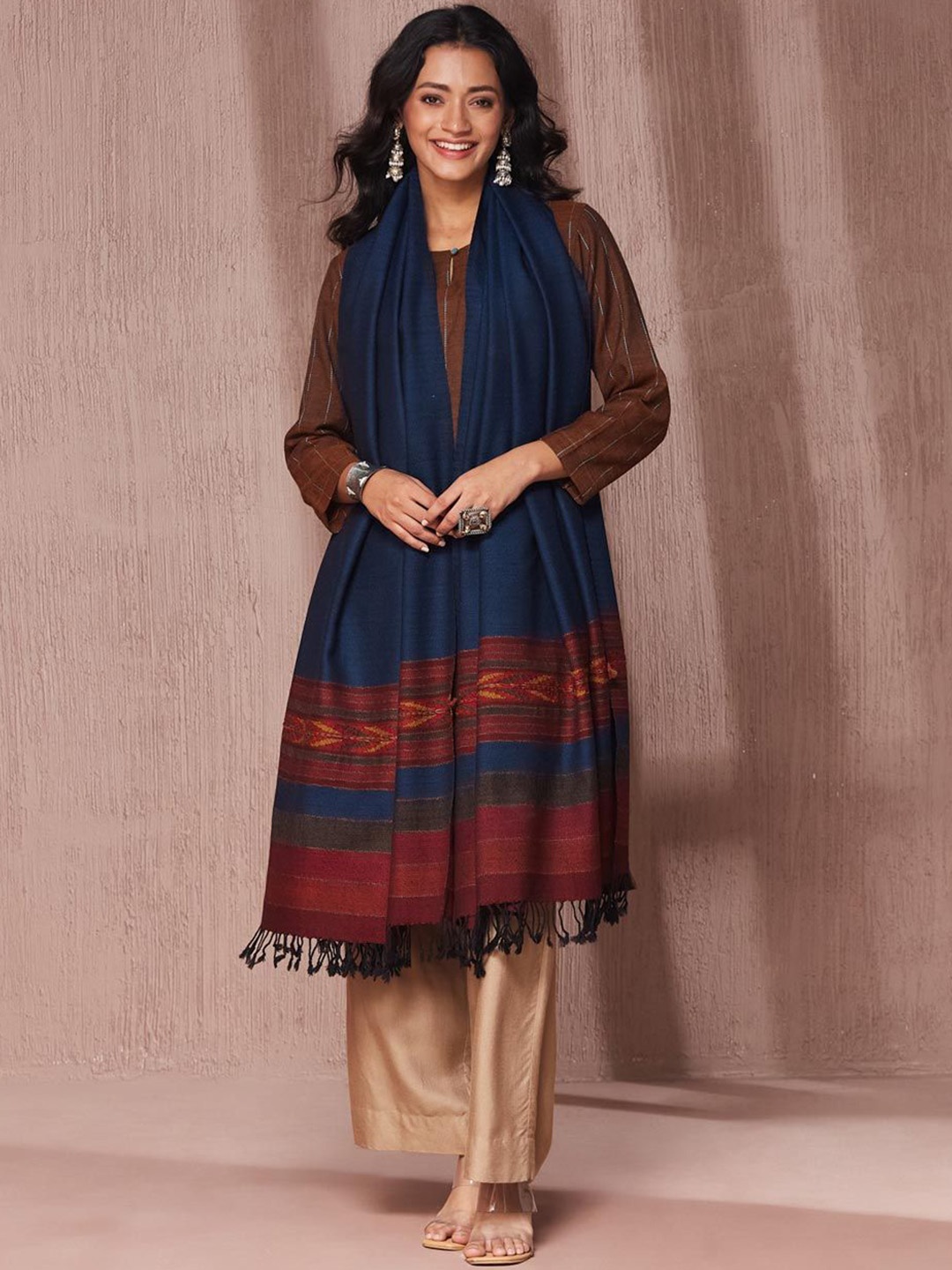 

Fabindia Striped Woven Design Woollen Shawl, Navy blue