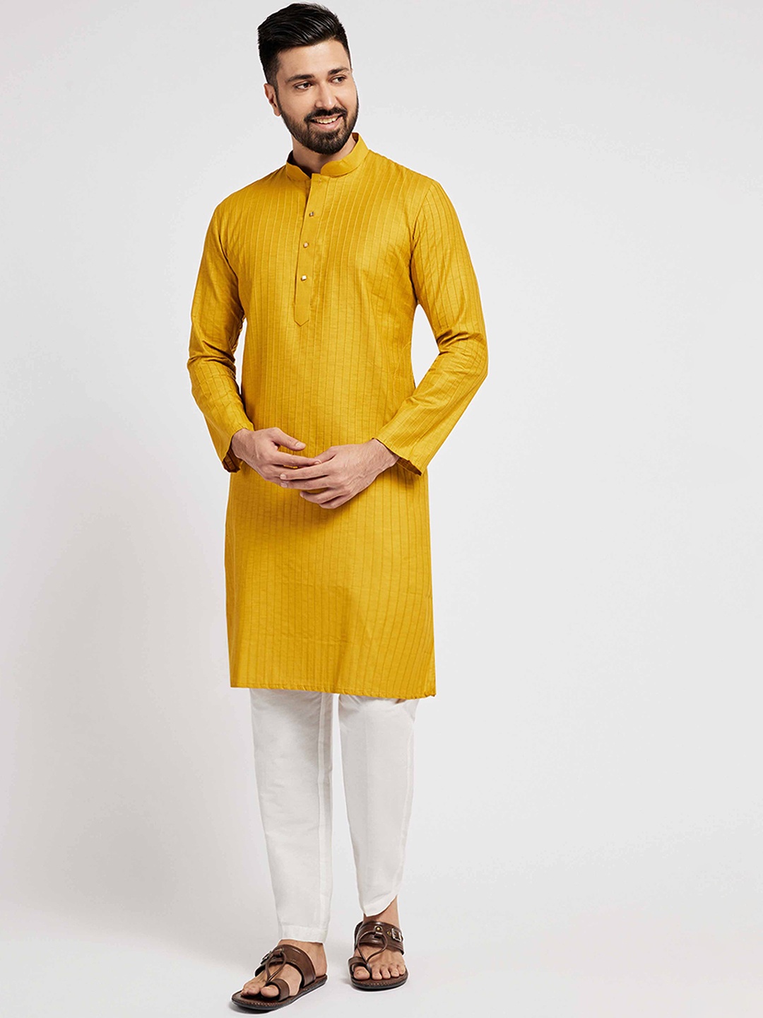 

Ethnic India Embroidered Mandarin Collar Straight Kurta, Mustard