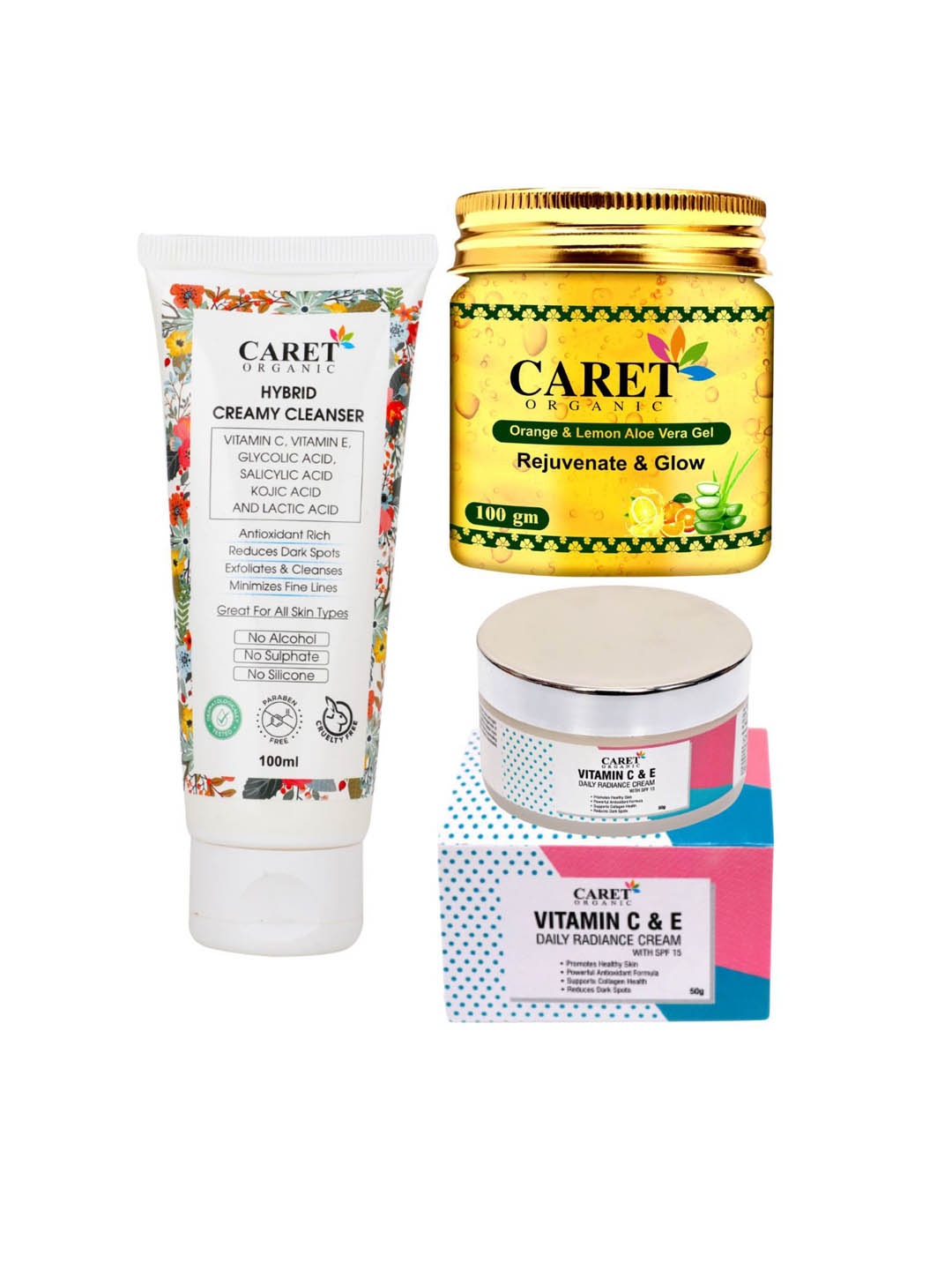 

CARET ORGANIC Set Of 3 Cleanser Face Wash- 100 ml- Aloevera Gel- 100 g & Cream- 75 g, White