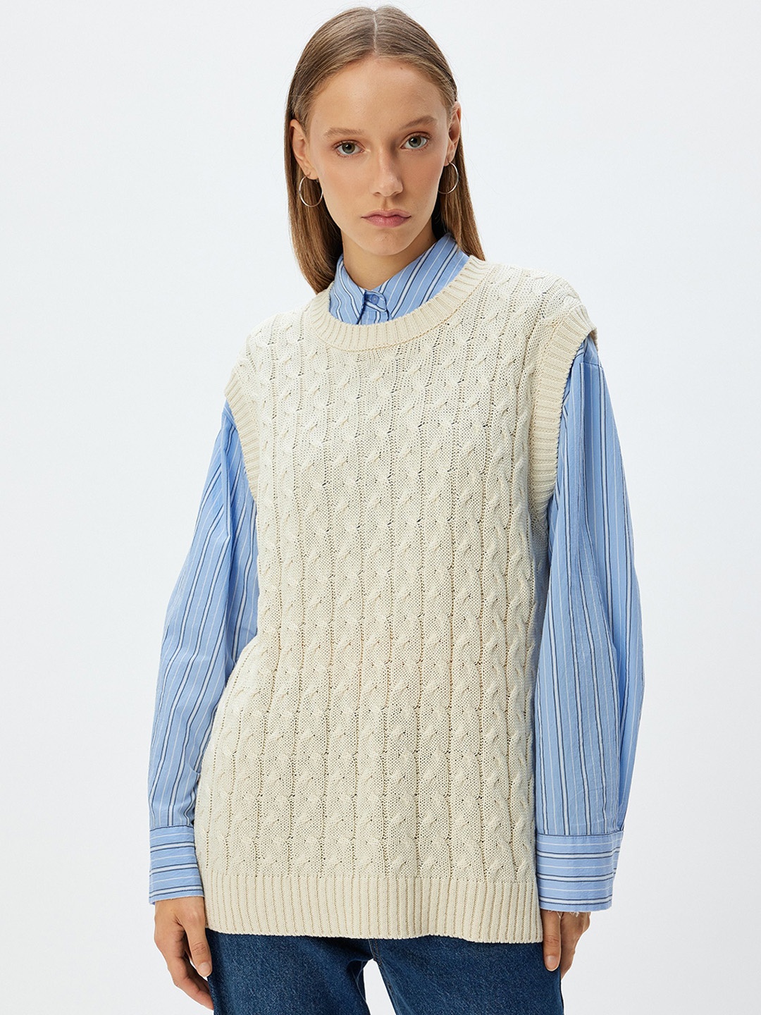 

Koton Round Neck Ribbed Cotton Pullover Sweaters, Beige