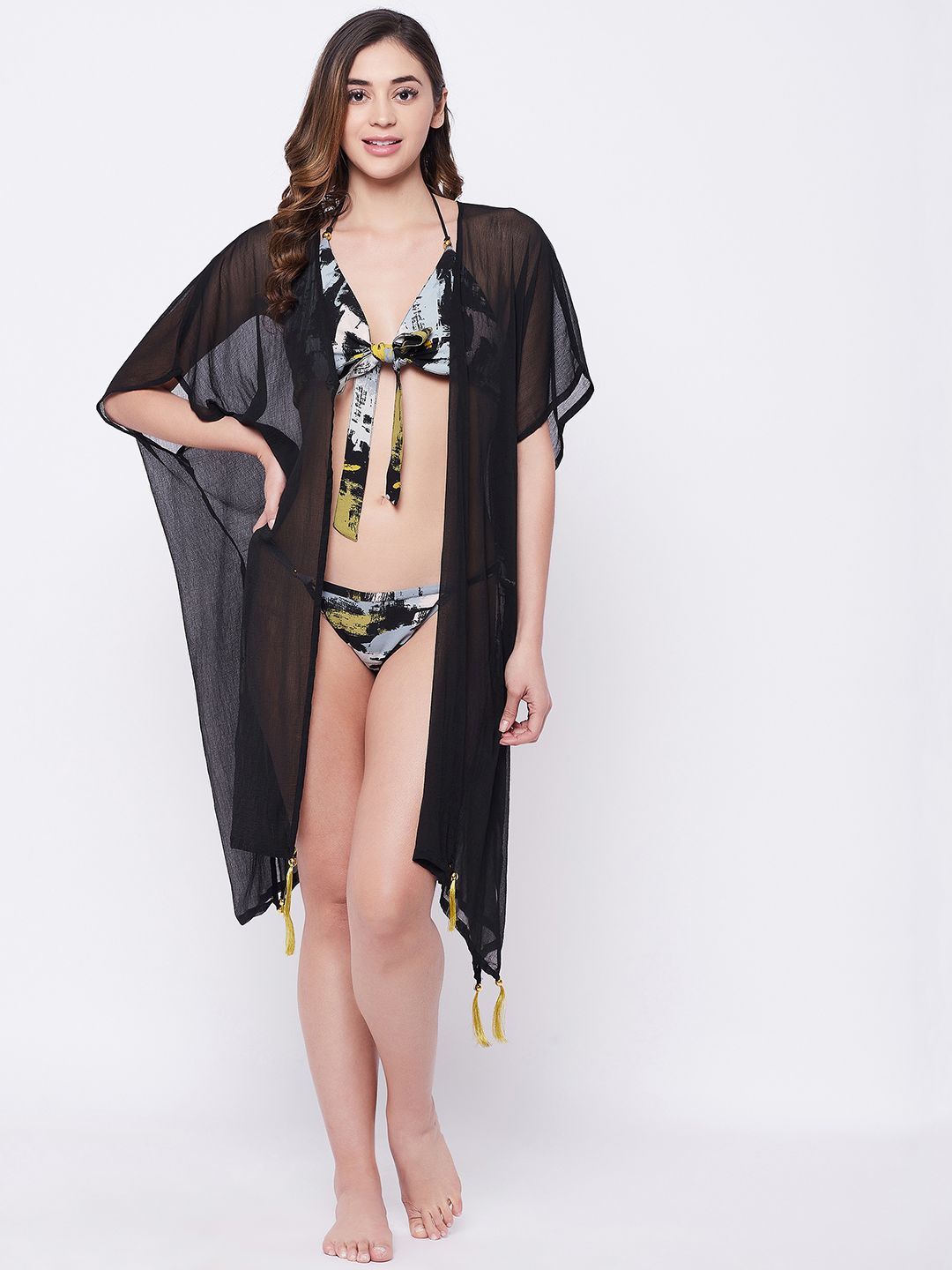 

SECRETS BY ZEROKAATA Women Abstract Printed Swim Bikini Set With Cover-up Dress, Black