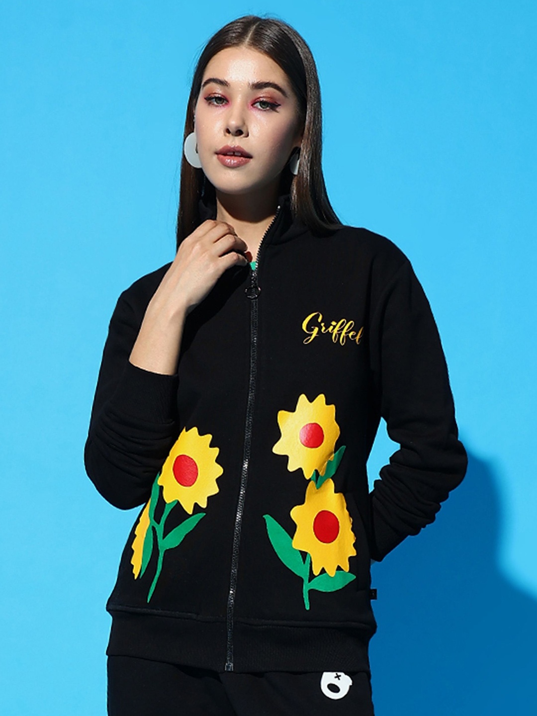 

GRIFFEL Women Brand Logo Printed Mock Collar Long Sleeves Sweatshirt, Black