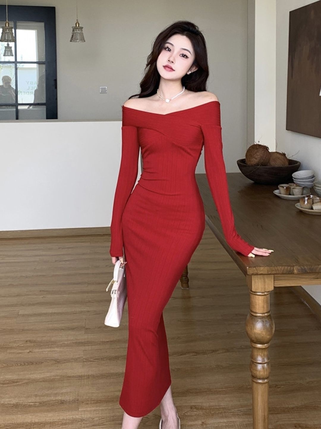 

KPOP Women Off-Shoulder Bodycon Maxi Dress, Red