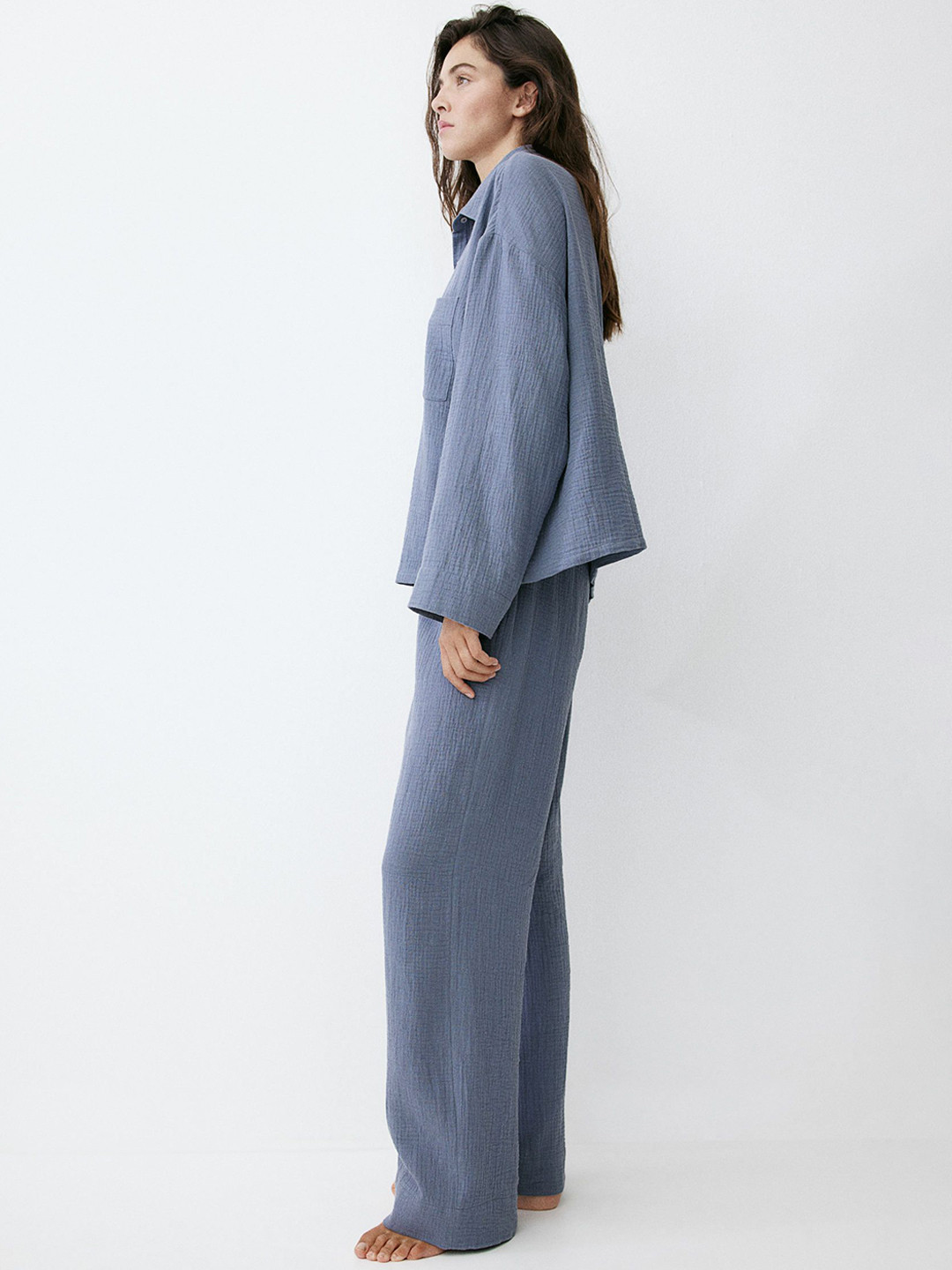 

H&M Pure Cotton Muslin Night Suit, Blue