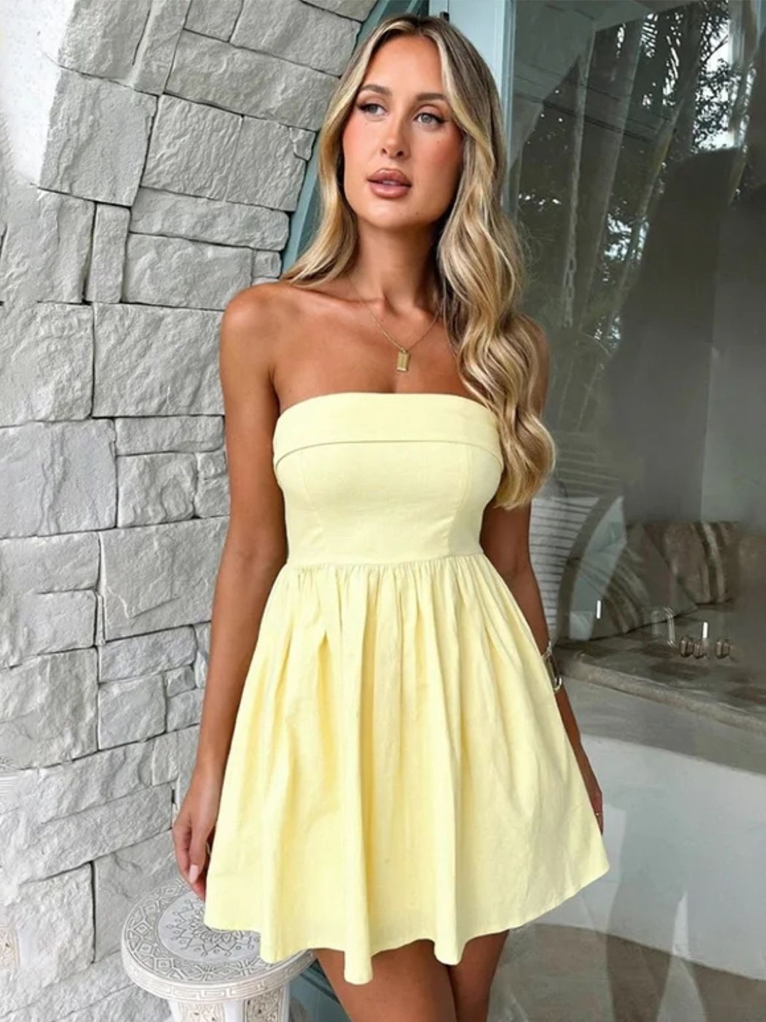 

KPOP Women Off-Shoulder Fit and Flare Mini Dress, Yellow
