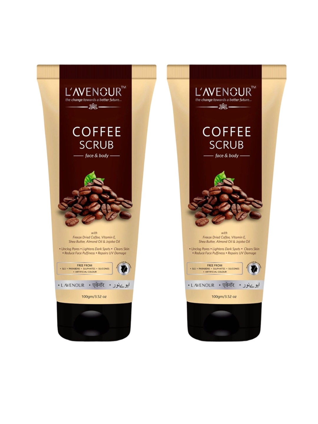 

L'AVENOUR Set Of 2 Coffee Scrub For Face & Body With Shea Butter & Almond Oil - 100 g Each, Beige