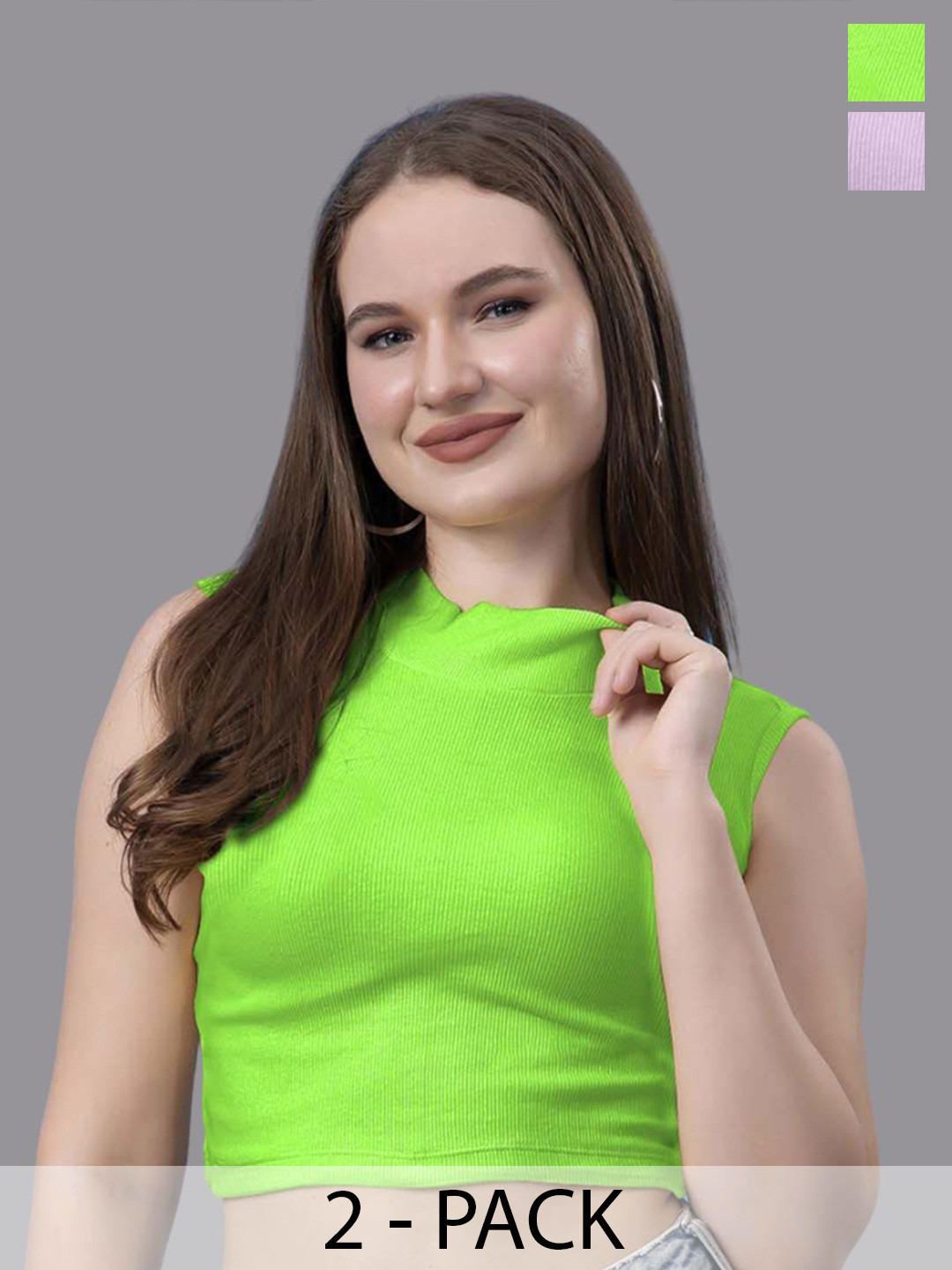 

Friskers Women Pack of 2 Cotton High Neck Sleeveless Crop Top, Green
