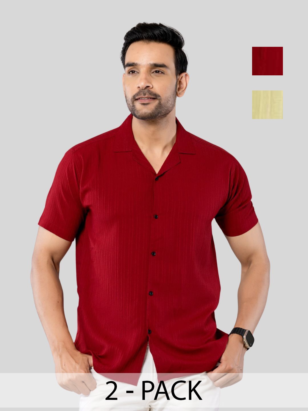 

Aanys Culture Men Pack Of 2 Classic Cuban Collar Textured Crepe Casual Shirts, Red