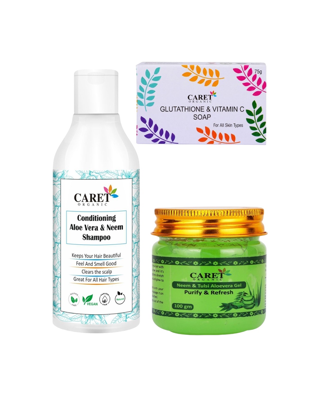 

CARET ORGANIC Set Of 3 Shampoo 250ml & Soap 75g & Aloevera Gel 100g, White