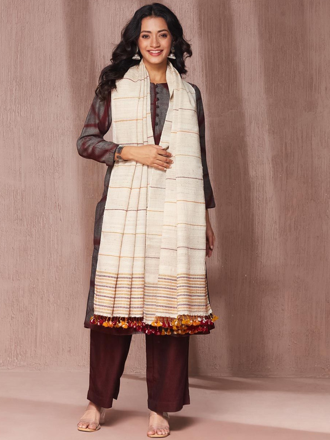 

Fabindia Striped Woven Design Woollen Shawl, Off white