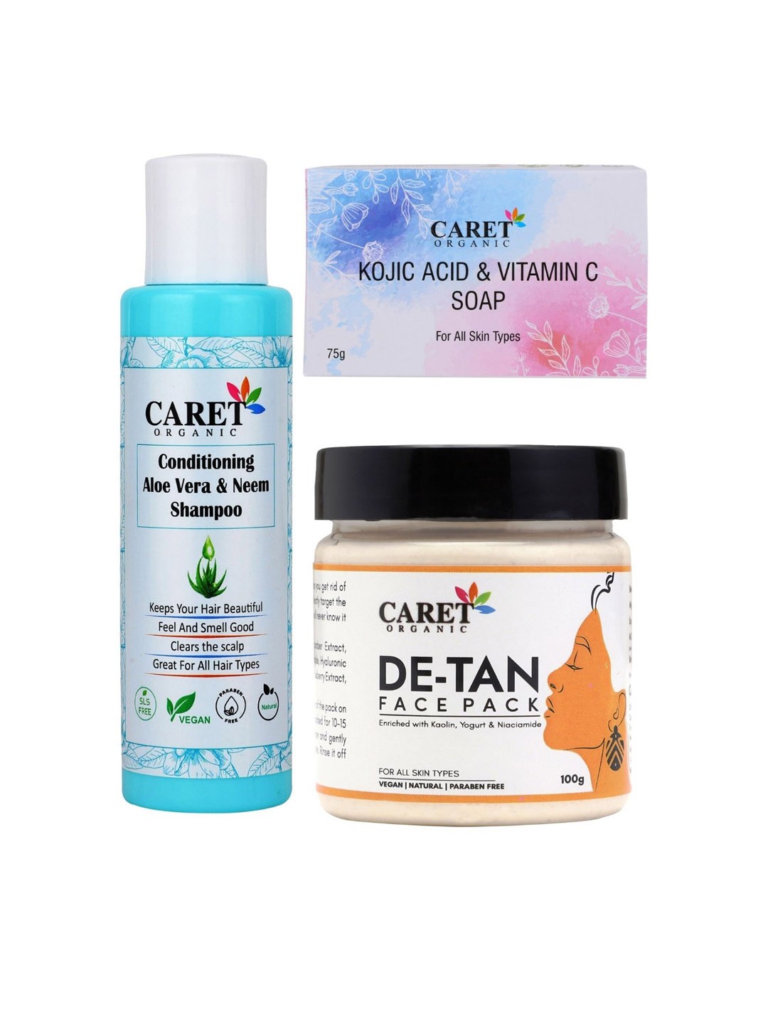 

CARET ORGANIC Set Of 3 Shampoo 250ml & Soap 75g & De-Tan Face Pack 100g, White