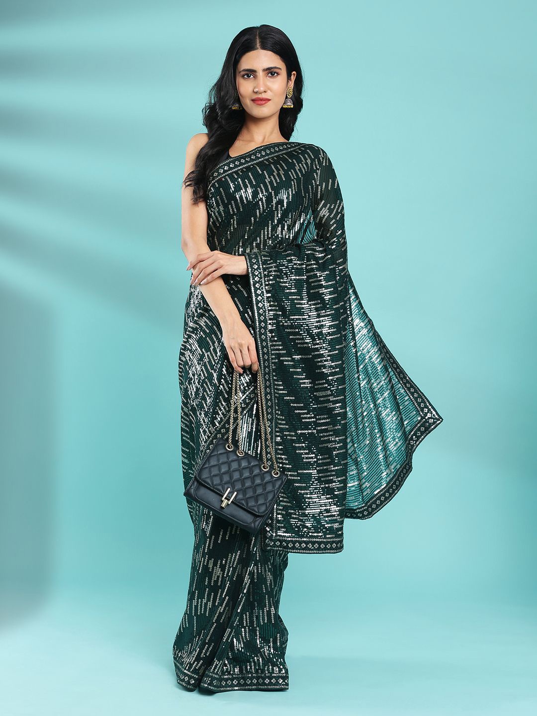 

Kalyan Silks Embellished Sequinned Bagru Saree, Green