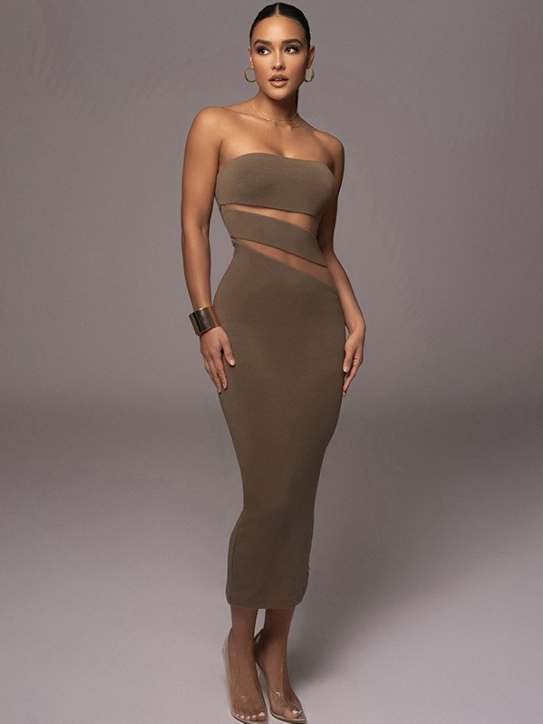 

KPOP Women Strapless Bodycon Midi Dress, Brown