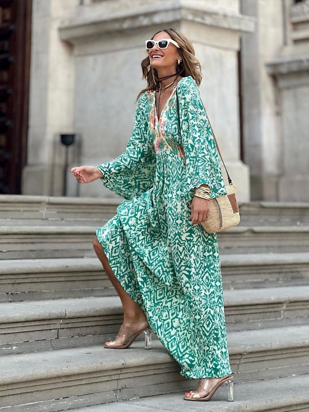 

StyleCast Ethnic Motifs Printed Bell Sleeve Maxi Dress, Green