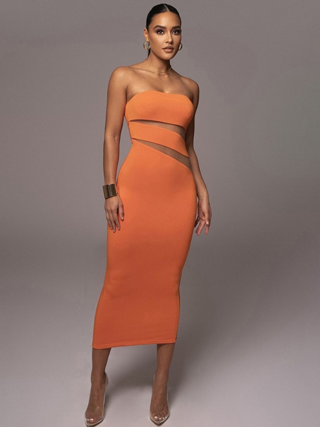 

KPOP Strapless Bandeau Midi Dress Cut-Outs Details, Orange