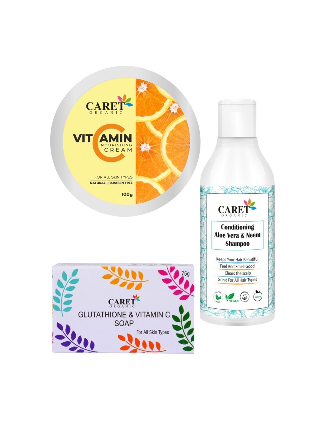 

CARET ORGANIC Set Of 3 Vitamin C Cream, Neem Shampoo & Glutathione Vitamin C Soap Combo, White