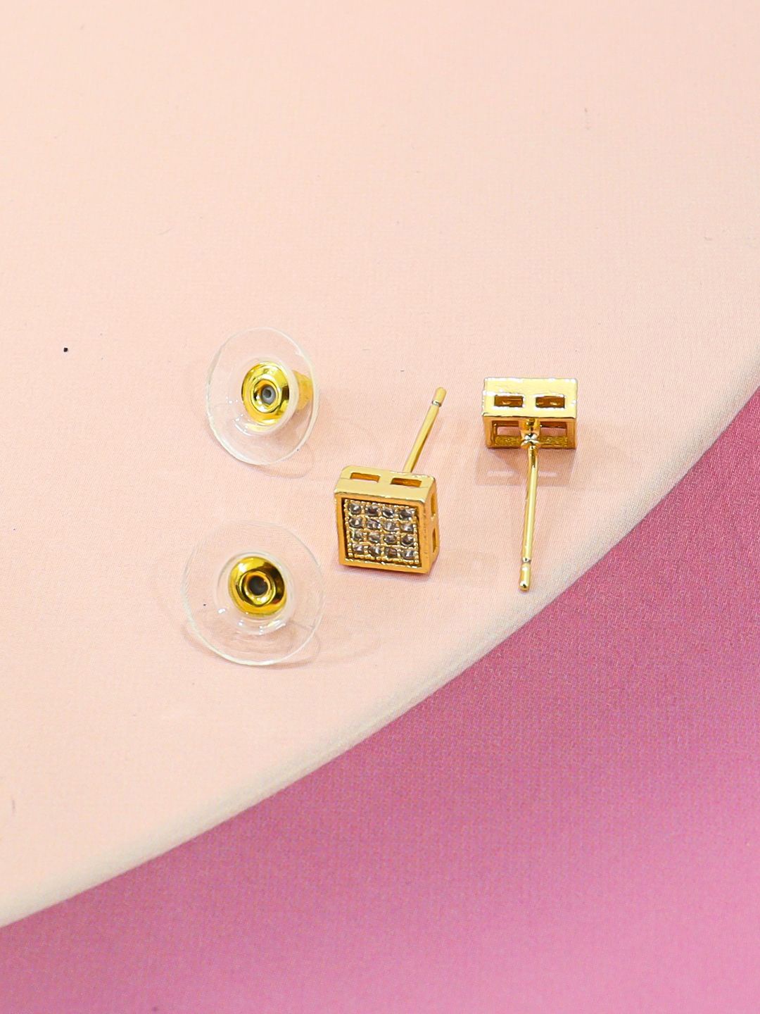 

VAGHBHATT Gold-Plated Stainless Steel Cubic Zirconia Stone Studded Square Studs