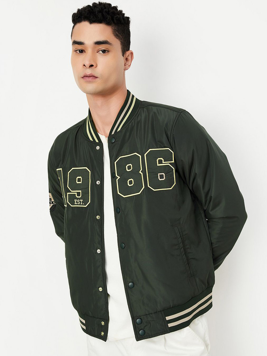 

max Men Polyester Crop Varsity Jacket with Embroidered, Green