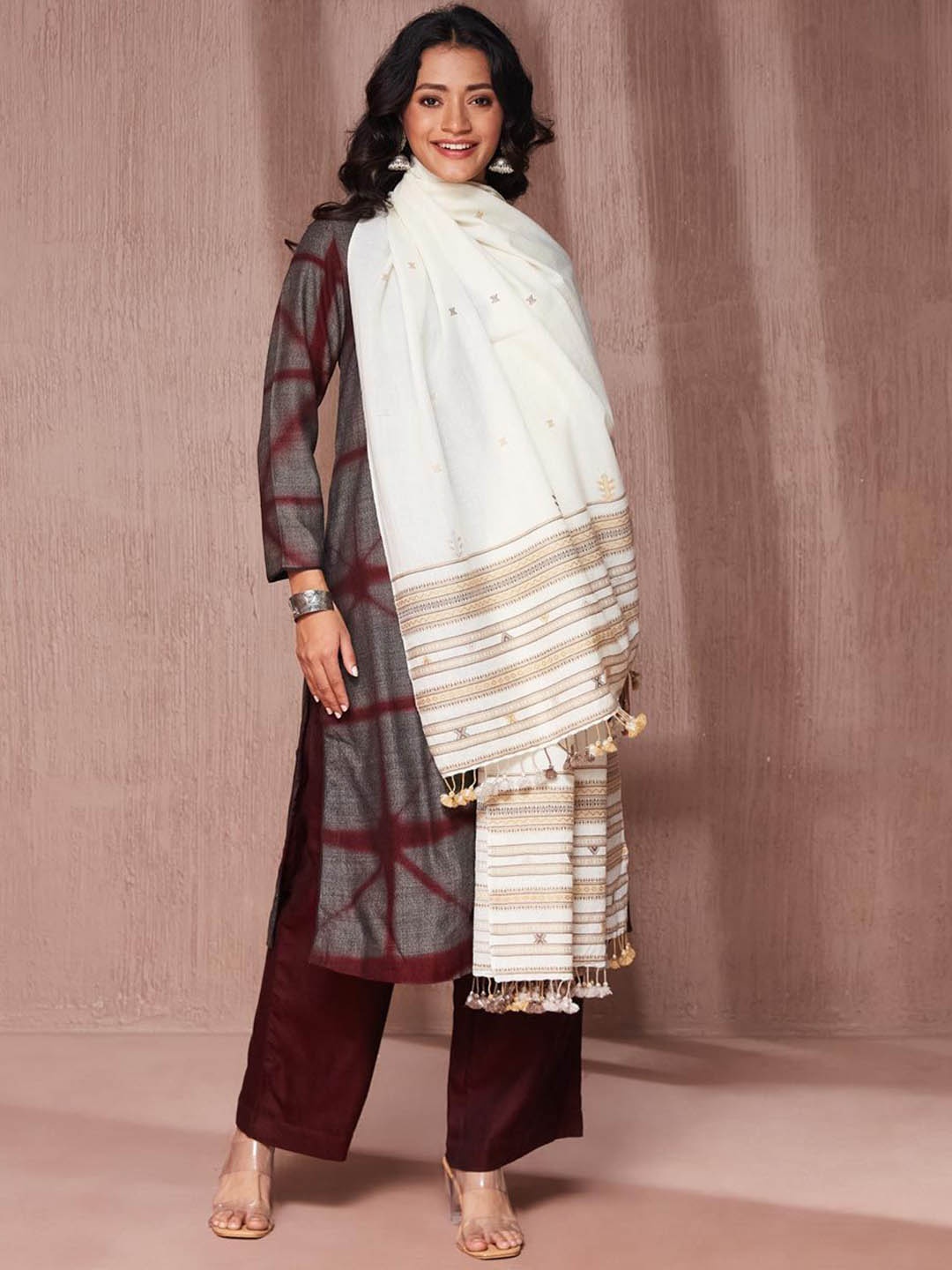 

Fabindia Geometric Woven Design Woollen Shawl, White