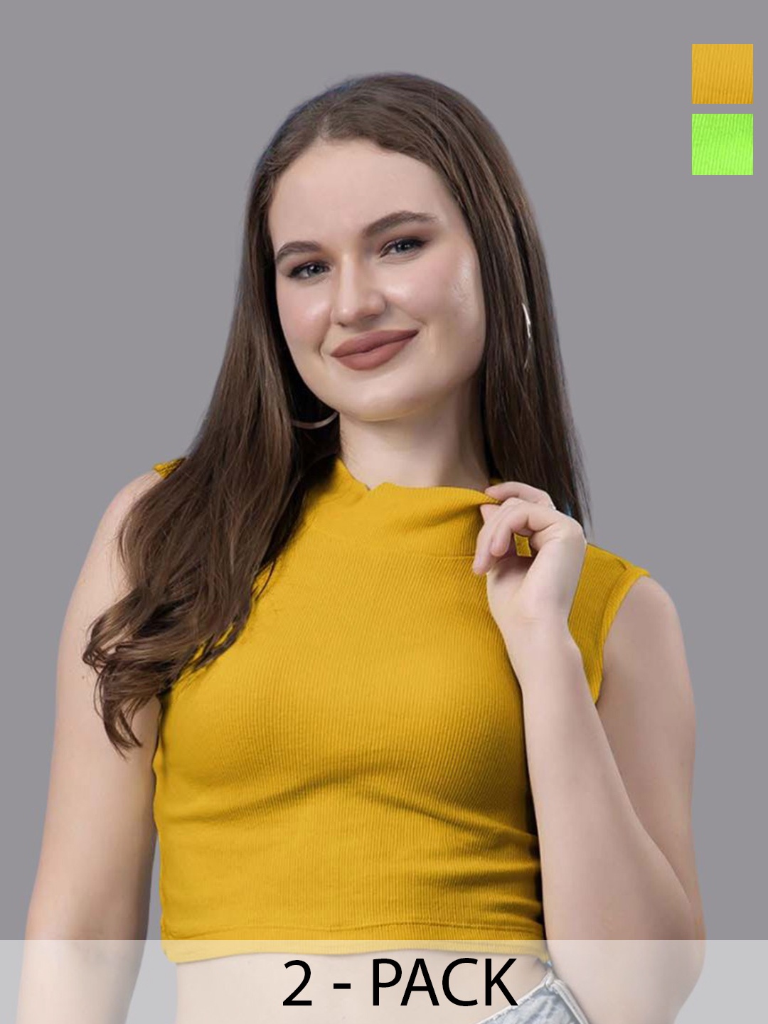 

Friskers Pack Of 2 Turtle Neck Cotton Crop Top, Green