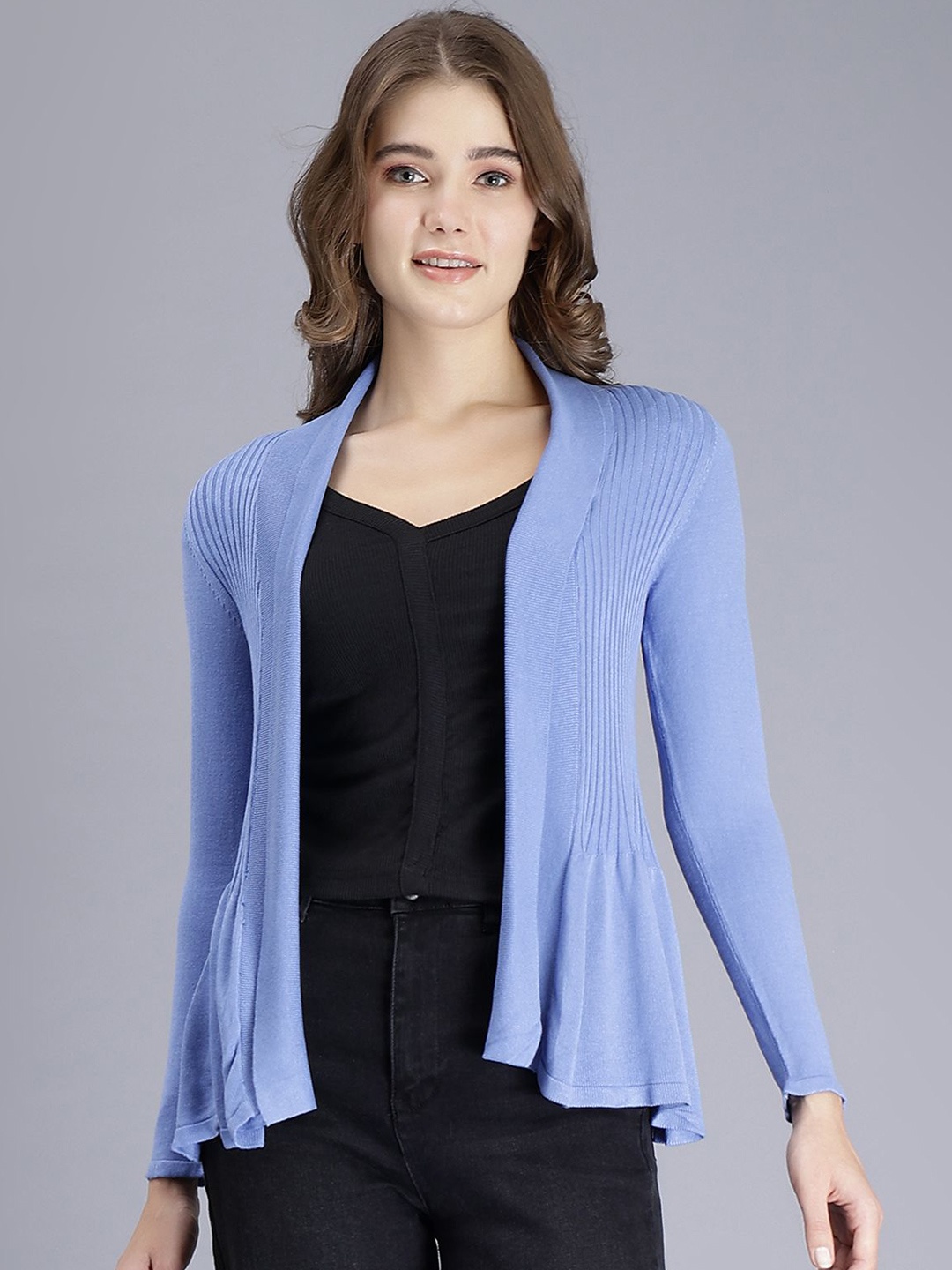 

SAFFE Knitted Long Sleeves Open Front Shrug, Blue